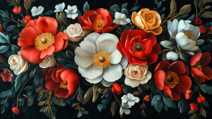 Wall Mural - Vintage floral bouquet with elegant flowers on black background for classic design