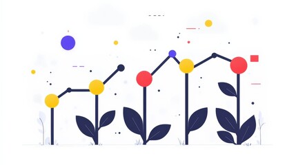 Poster - Colorful infographic illustrating plant growth with data points and abstract shapes in the background