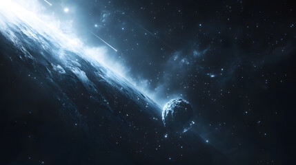 Wall Mural - a breathtaking cosmic scene featuring a large planet, a smaller celestial body nearby, and shooting 