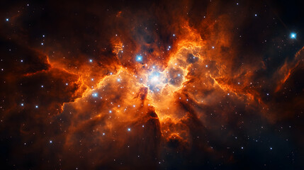 Wall Mural - fiery orange nebula in deep space, glowing with intense light. scattered stars shine brightly agains