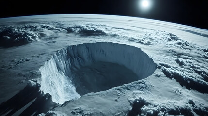 Wall Mural - a stunning aerial view of a massive, icy crater on a planet, surrounded by swirling clouds. the sun 