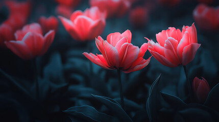 Wall Mural - dark moody shot of blooming pink parrot tulips in a flower garden during spring in the netherlands