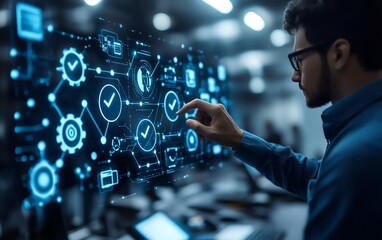 Fototapete - Modern business process automation workflow with a businessman interacting with checkmark icons, interconnected gears, and digital flowcharts in a hightech office