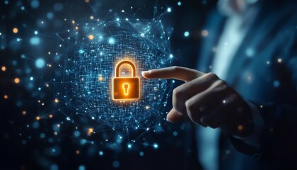 Poster - Modern internet security system with a businessman touching a glowing padlock icon, securing customer information and personal data in a digital landscape