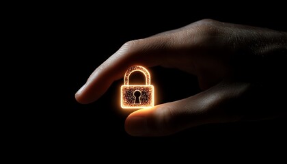 Fototapete - Secure network structure, hand pressing a glowing padlock icon, representing encryption technology and protection of sensitive data in digital systems