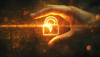Fototapete - Secure network structure, hand pressing a glowing padlock icon, representing encryption technology and protection of sensitive data in digital systems