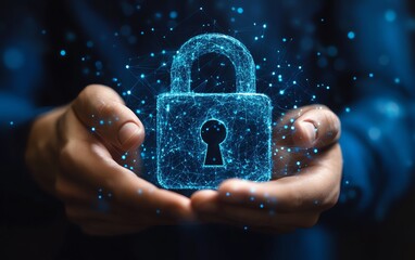 Poster - Digital padlock icon, businessman touching it to secure customer information and protect personal data in an advanced internet security system