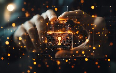 Poster - Digital padlock icon, businessman touching it to secure customer information and protect personal data in an advanced internet security system