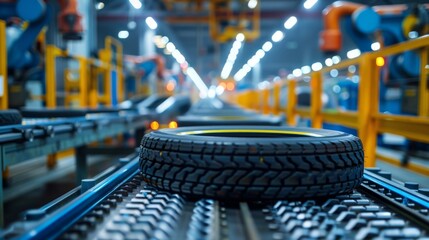 Fototapete - A tire rests on a conveyor belt in a high tech manufacturing facility filled with robotic arms and bright industrial lighting. The atmosphere highlights innovation and efficiency.