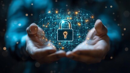 Leinwandbilder - Hightech internet security system with a businessman securing customer data using a padlock icon, symbolizing personal information protection
