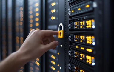 Fototapete - Internet server security with hand touching padlock icon on encrypted network structure, representing strong protection and secure data transmission