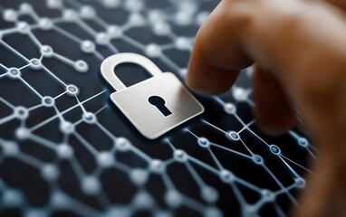Poster - Internet server security with hand touching padlock icon on encrypted network structure, representing strong protection and secure data transmission
