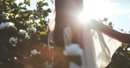 Elegant young woman in a flowing white dress stands amongst the lush greenery and flowers of a sun drenched garden her face illuminated by the warm ethereal glow of the natural light  The serene