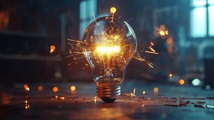 Poster - A light bulb exploding with bright golden sparks, symbolizing breakthrough business ideas and inspiration.