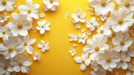 Wall Mural - White and yellow spring flowers delicately arranged on a cheerful yellow background