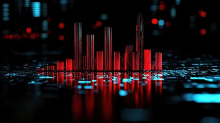 Fototapete - A minimalist dark-themed banner featuring a shattered economic graph, illuminated with cyber blue and red accents