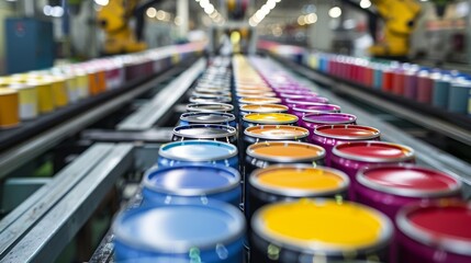Poster - Rows of meticulously organized paint cans in various colors are positioned along a conveyor belt in a busy manufacturing plant, capturing the essence of industrial efficiency and artistry.