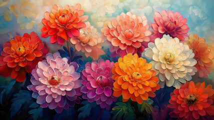 Wall Mural - Vivid and colorful oil painting of vibrant flowers, showcasing their natural beauty