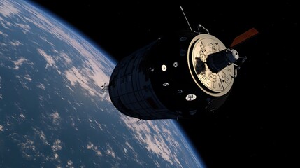 Wall Mural - a spacecraft orbits earth, showcasing its detailed design against the backdrop of a swirling blue pl
