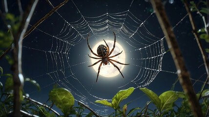 A spider weaving a web in the moonlight, ultra-realistic 3D rendering, intricate web details