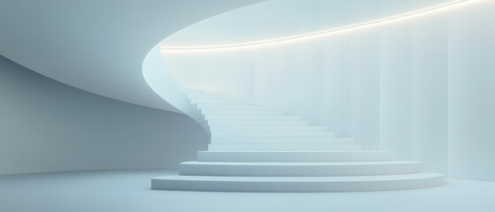 Poster - minimalist art style featuring curved staircase in serene, gray toned environment. soft lighting creates tranquil atmosphere, inviting exploration and reflection