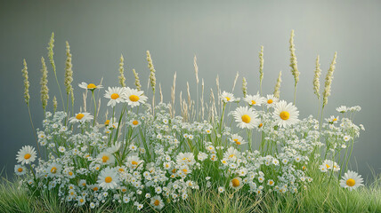 Wall Mural - spring grass and daisy wildflowers gently swaying against a clear white background