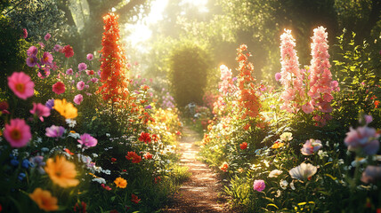 Wall Mural - lush summer garden with blooming flowers creating a vibrant natural landscape