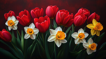Wall Mural - Bright tulips and daffodils blooming in a spring garden, showcasing vibrant colors