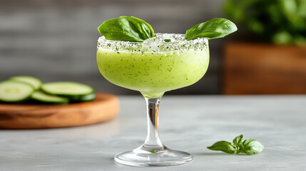 Wall Mural - refreshing cucumber and basil mocktail garnished with fresh leaves