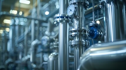 Aufkleber - Close up view of metal pipes and a pressure gauge in a manufacturing facility, highlighting the complexity and precision of industrial engineering and technology in operation