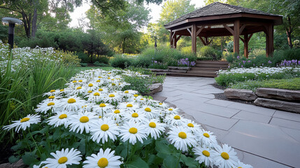 Canvas Print - tranquil garden with gazebo surrounded by blooming flowers and greenery