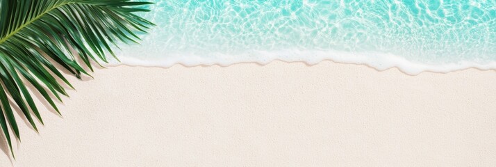 Poster - Soft wave of turquoise sea water washing golden sandy beach with palm tree leaf on a sunny summer day, providing a tranquil and idyllic backdrop for relaxation and escape