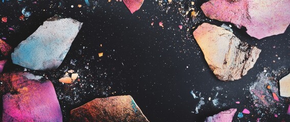 Fototapete - Colorful geometric shapes scattered across a dark background create an abstract visual effect at night