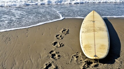 Canvas Print - Surfboard on sandy beach near ocean waves. (1)