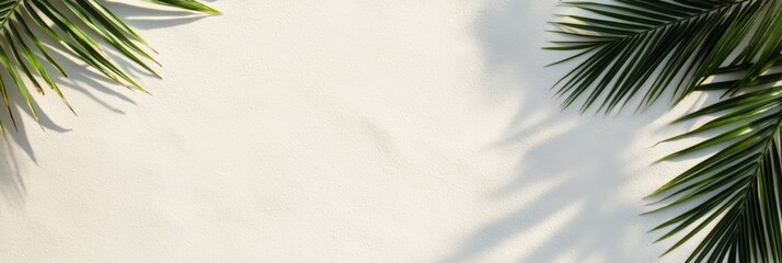 Fototapete - Casting beautiful shadows on a white wall, tropical palm leaves create a serene, summery atmosphere perfect for travel and vacation themed designs