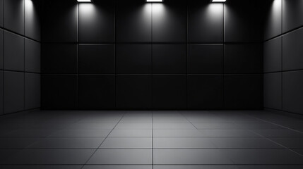 Poster - simple, minimalistic black room with smooth walls and floor, illuminated by bright ceiling lights, creating modern and sleek atmosphere