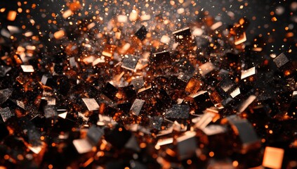 Poster - Dynamic Explosion of Dark and Bright Metallic Particles in Abstract Design, Creating a Stunning Visual Representation of Chaos and Energy