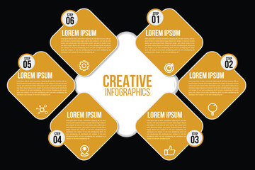 Poster - infographics 6 yellow options or steps circle elements chart black template.abstract of graph, parts