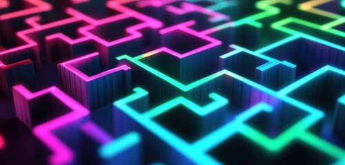 Wall Mural - Abstract 3D neon maze with vibrant colors.
