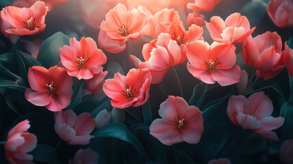 Wall Mural - close-up of vibrant pink parrot tulips blooming in spring within a public garden in netherlands