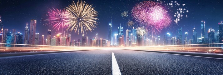 Aufkleber - Colorful fireworks exploding over illuminated dubai skyline at night with light trails on the road leading to the city celebrating new year's eve or national day