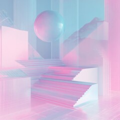 Poster - Abstract Vaporwave Architecture: Stairs, Sphere, and Grids in Pastel Pink and Blue