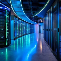 Poster - Data Center Hallway with Neon Lighting: Modern server room illuminated by vibrant blue and green neon lights, showcasing rows of server racks.
