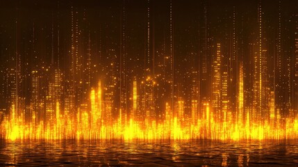 Poster - Abstract golden city skyline with shimmering lights reflecting on water at night
