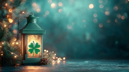 Poster - Beautifully glowing lantern with a shamrock design set against a dark backdrop with soft sparkling bokeh lights surrounding it creating a warm cozy