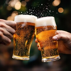 Leinwandbilder - Golden Beer Toast: Two Glasses Clinking Together in Celebration with Bubbles and Bokeh Background