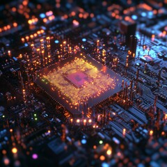 Poster - Glowing Chip: A Microscopic View of a Complex Semiconductor Circuit, Highlighting Technology and Innovation.