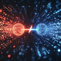 Poster - Red vs Blue: A Digital Clash of Light and Energy with Spheres and Lightning Bolt on a Dark Backdrop.