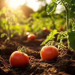Poster - Ripe Tomatoes in the Field at Sunset: Freshly Grown Produce in a Lush Garden, illuminated by Golden Hour Sunlight