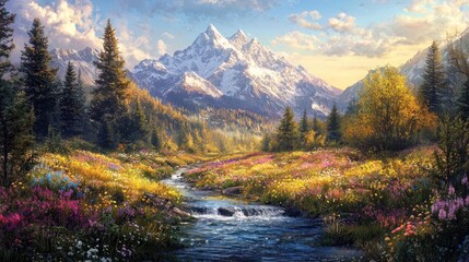 Wall Mural - Majestic mountain peak reflected in a serene stream flowing through a vibrant wildflowers meadow.